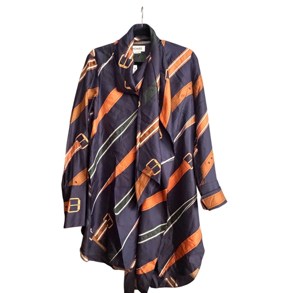 MONSE Navy Blue Belt Print 100% Silk Scarf Blouse Women's Size 4